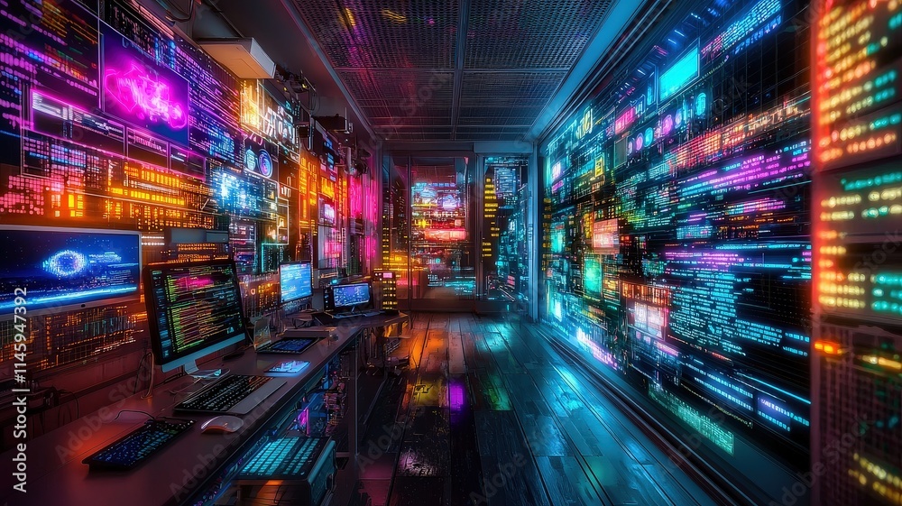 Cybersecurity Breach Visualization concept. Vibrant digital environment with glowing screens and data displays. Cybersecurity Breach Visualization concept. Vibrant digital environment with glowing screens and data displays.