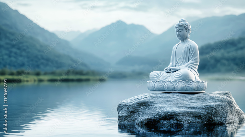 Buddha statue serene and tranquil on rock in peaceful lake surrounded by majestic mountains Buddha statue serene and tranquil on rock in peaceful lake surrounded by majestic mountains