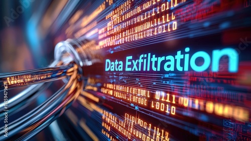 Cybersecurity Breach Visualization concept. Visual representation of data exfiltration with binary code animation.