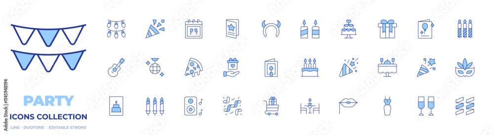 Party icons collection. Line Duotone style, editable stroke. acoustic guitar, birthday and party, birthday card, candles, pizza slice, speaker, confetti, gift, birthday cake, cart, dinner Party icons collection. Line Duotone style, editable stroke. acoustic guitar, birthday and party, birthday card, candles, pizza slice, speaker, confetti, gift, birthday cake, cart, dinner