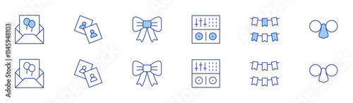 Party icon set in two styles, Duotone and Thin Line style. Editable stroke. dj, garland, glasses, online, photos, ribbon