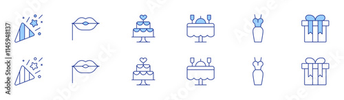 Party icon set in two styles, Duotone and Thin Line style. Editable stroke. wedding dinner, confetti, dress, gift, lips, wedding cake