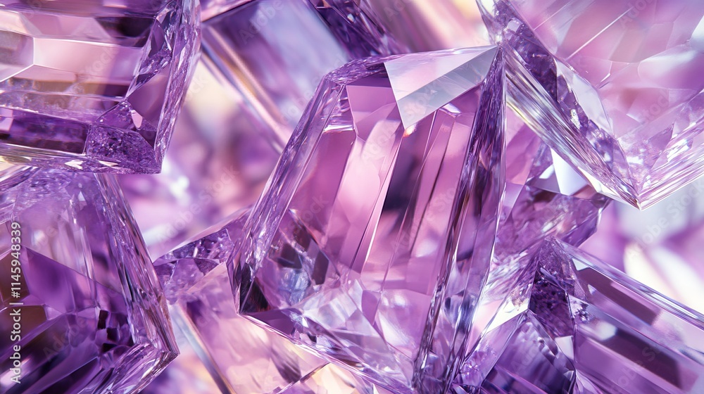 Amethyst diamonds in a radiant purple hue, artfully arranged against a polished backdrop. The 3D rendering lends a captivating depth, casting a soft and ethereal glow. 
