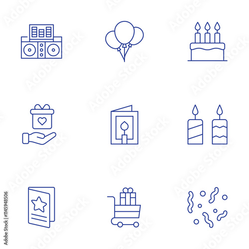 Party icons set. Thin Line style, editable stroke. air balloons, birthday cake, birthday card, candles, cart, confetti, dj, gift, greeting card