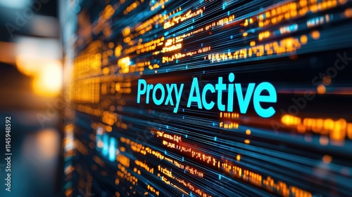 Cybersecurity Breach Visualization concept. Proxy server status with illuminated text and digital background.