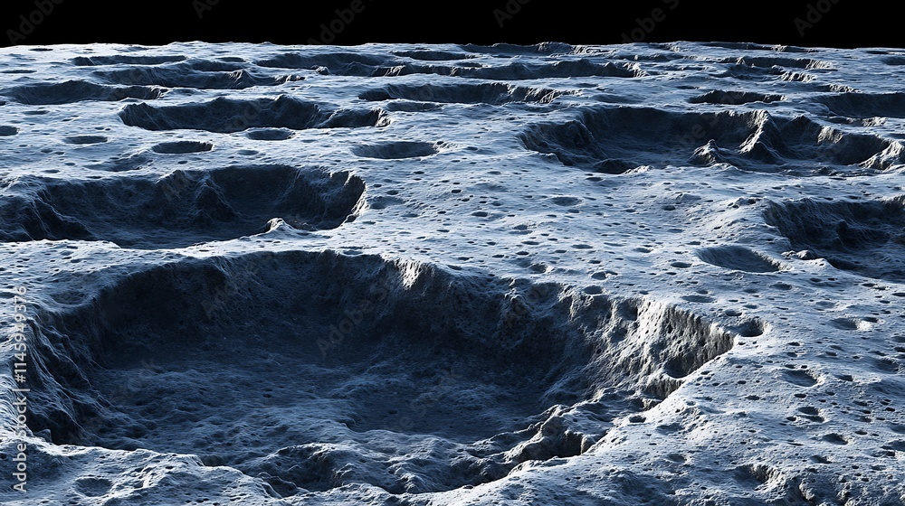 Close-up of a rugged lunar surface with detailed craters under sharp lighting. Close-up of a rugged lunar surface with detailed craters under sharp lighting.