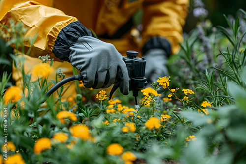 Close up photo of a perosn wearing a raincoat and gas mask photo