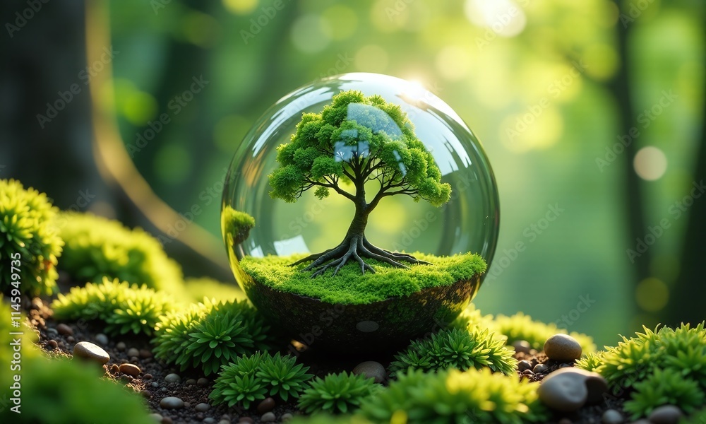 Crystal sphere lush green tree inside moss covered Crystal sphere lush green tree inside moss covered