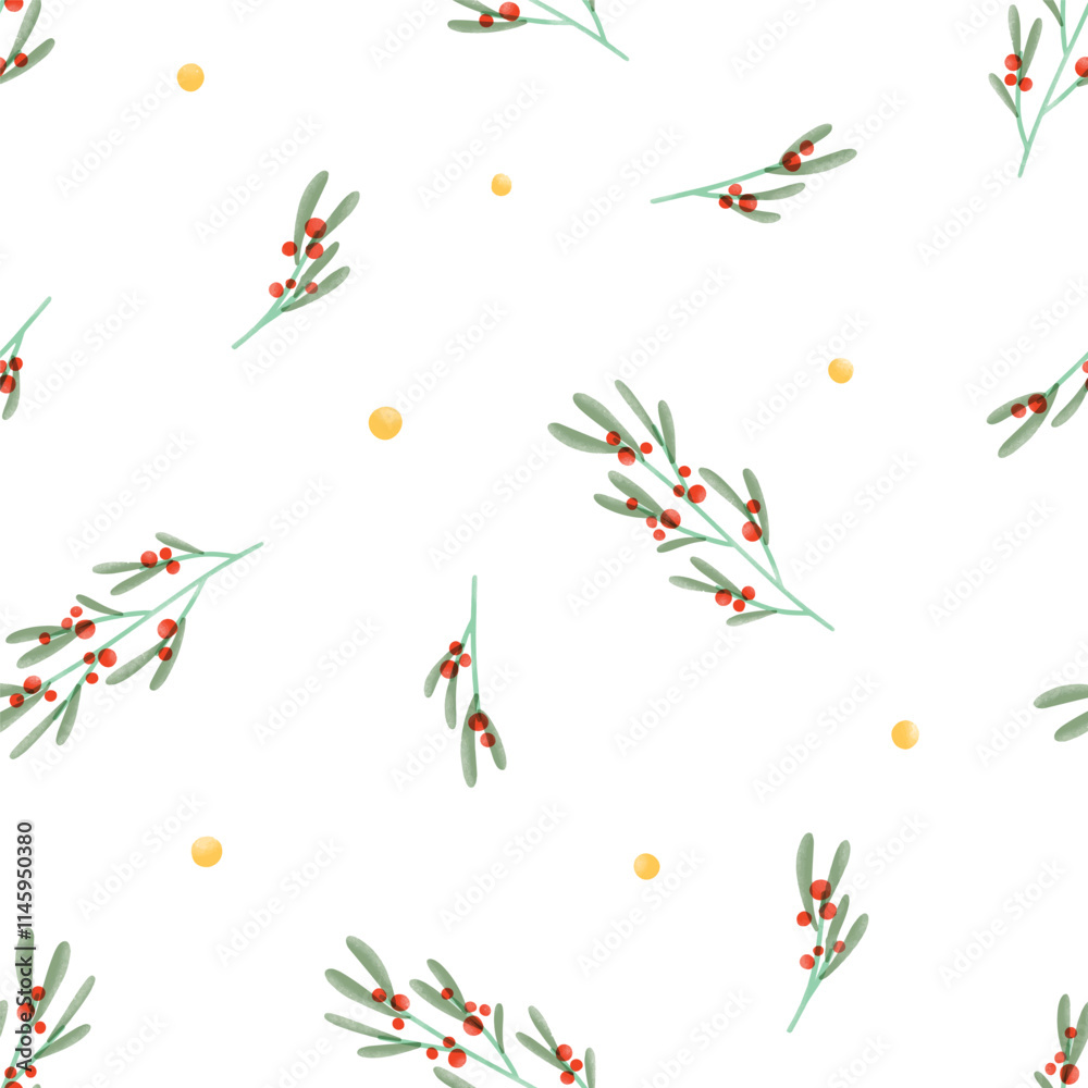 Fototapeta premium Seamless mistletoe pattern. Seasonal red berry branches, winter leaf plant, natural background. Endless repeating print for Christmas wrapping, fabric, textile design. Flat vector illustration