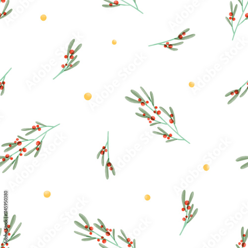 Seamless mistletoe pattern. Seasonal red berry branches, winter leaf plant, natural background. Endless repeating print for Christmas wrapping, fabric, textile design. Flat vector illustration