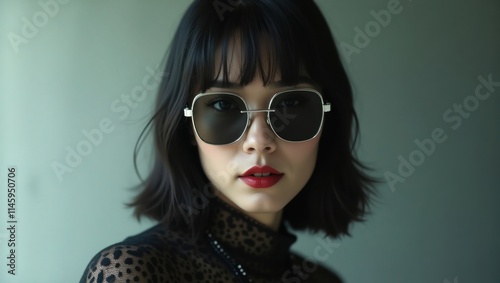 Stylish woman with short black hair and sunglasses posing indoors in a modern, AI Generative