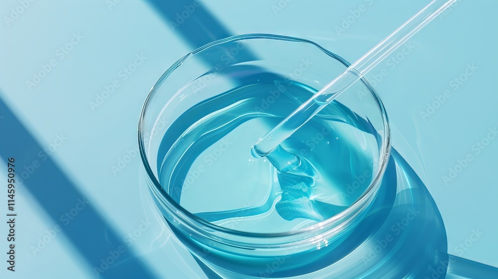 Pipette dripping cosmetic sample into transparent petri dish on light blue background, focused on skincare laboratory testing scene Pipette dripping cosmetic sample into transparent petri dish on light blue background, focused on skincare laboratory testing scene