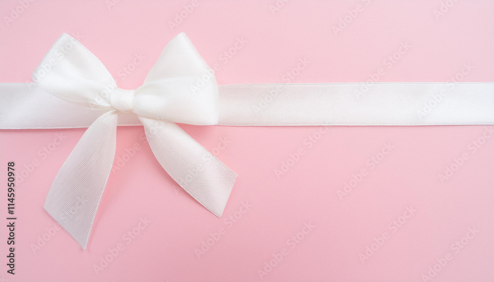 Bow made of white satin ribbon on light pink background. Bow made of white satin ribbon on light pink background.