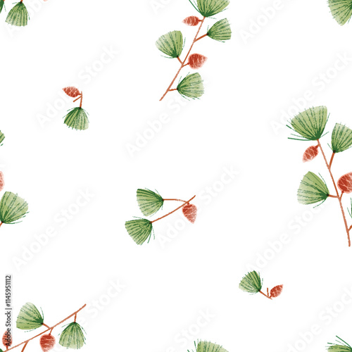 Pine branches, seamless pattern. Conifer tree sprigs with needles and cones, ...