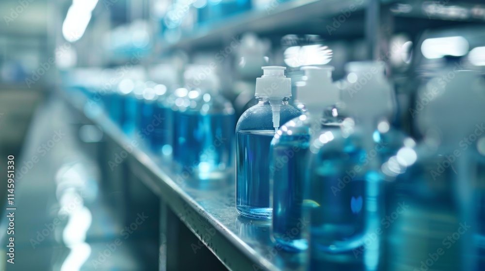 Production line with blue bottles in a factory setting Production line with blue bottles in a factory setting