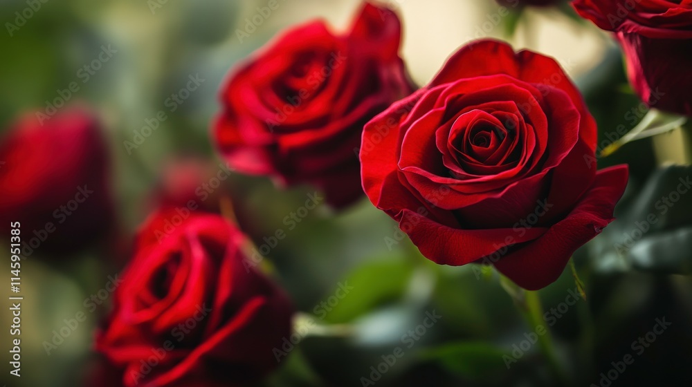 Obraz premium A Breathtaking Close-Up of Fresh Red Roses with Lush Green Leaves, Perfect for Celebrations, Romantic Occasions, and Floral Arrangements
