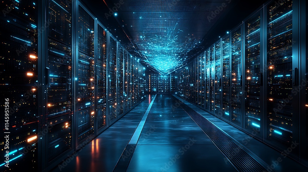 Illuminated Server Racks in a Modern Data Center Corridor Illuminated Server Racks in a Modern Data Center Corridor
