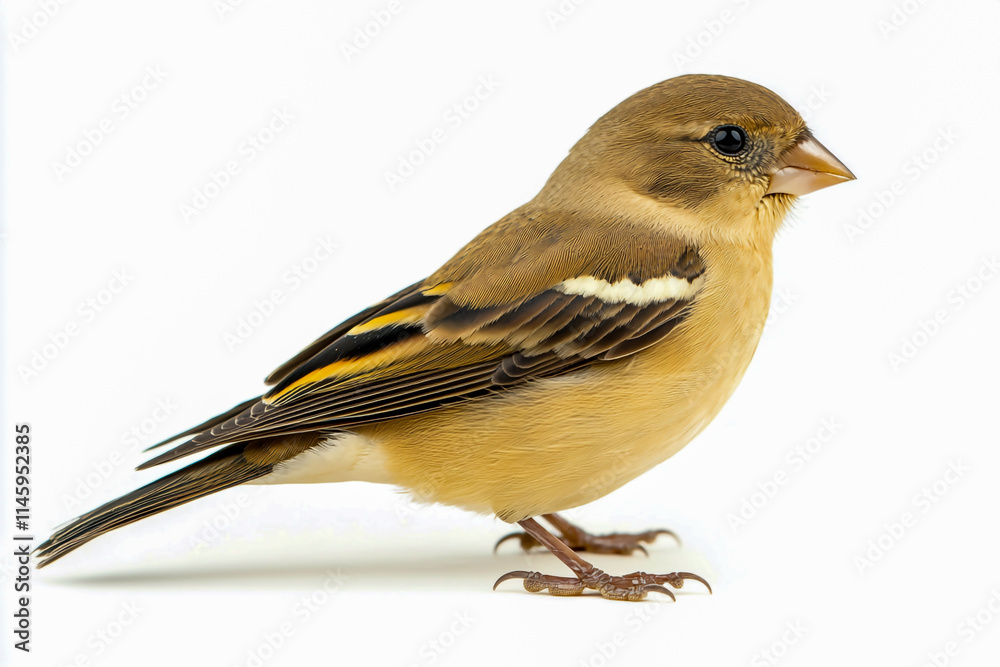 Full-body side view of a goldfinch, perched, isolated on a clean white background, showing vibrant yellow plumage and detailed feather texture. Full-body side view of a goldfinch, perched, isolated on a clean white background, showing vibrant yellow plumage and detailed feather texture.