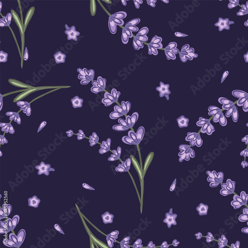 Hand drawn seamless pattern featuring lavender flowers on a dark background with vibrant colors