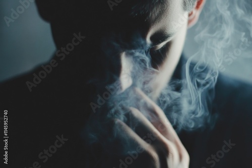 A person smokes a cigarette in a dimly lit space, possibly a private moment
