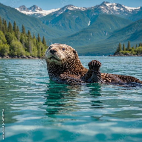 A playful sea otter floating on its back in calm turquoise waters, with a forested shoreline and mountain peaks in the distance. photo