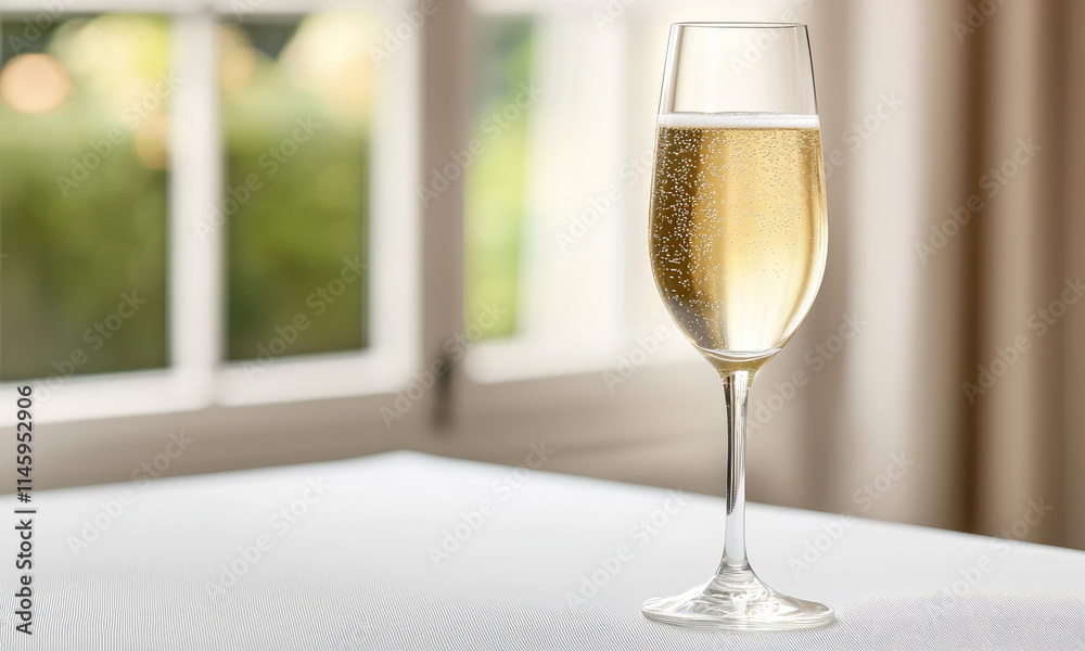 Champagne glass on table by window Champagne glass on table by window