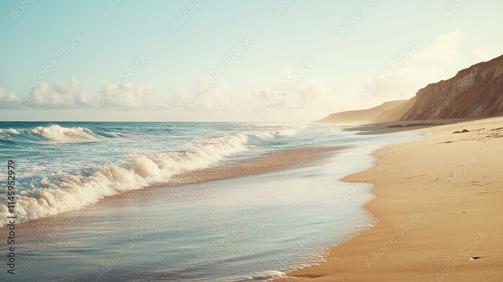 Obraz premium tranquil beach scene with gentle waves washing over golden sand
