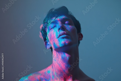 A person with their eyes closed and face covered in paint, ready for artistic expression photo