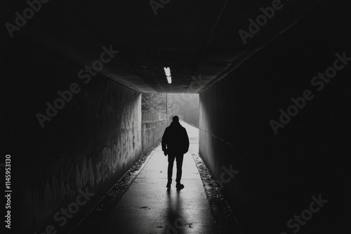 A person walks through a dark tunnel with a light at the end