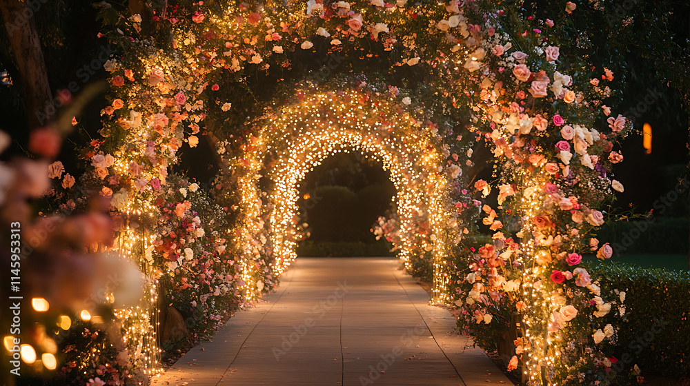 Enchanted Rose Archway: A romantic pathway illuminated by warm fairy lights and adorned with lush, blooming roses, creating a magical and enchanting ambiance. Perfect for weddings, events.