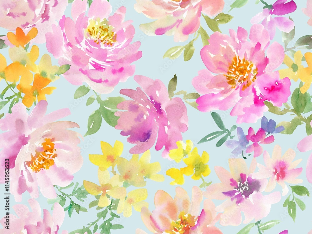 Obraz premium A seamless pattern of abstract peonies and flowers painted in watercolor. A floral wallpaper pattern in watercolor. A botanical pattern painted in watercolor for wedding invitations.