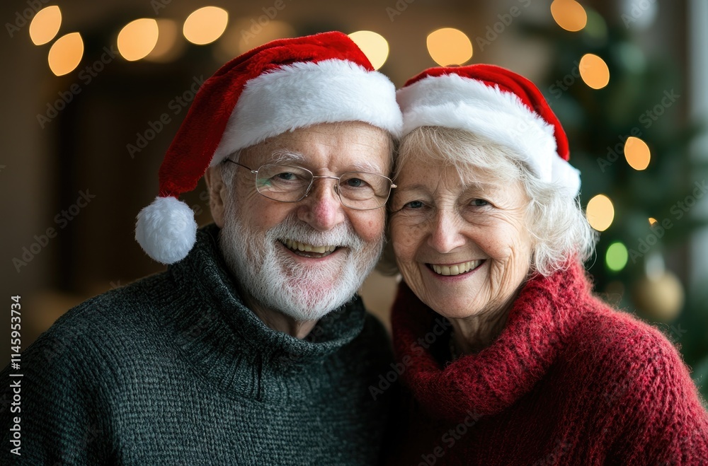 Christmas photo of a happy elderly couple wearing Santa hats, set against a green background with Christmas lights and colors of green and red. Christmas photo of a happy elderly couple wearing Santa hats, set against a green background with Christmas lights and colors of green and red.