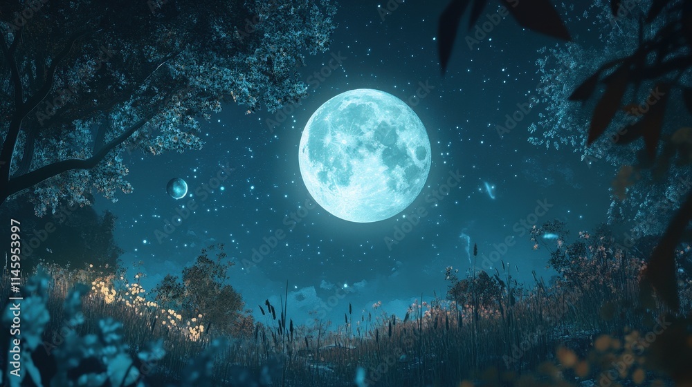 A radiant full moon glowing in a deep midnight sky, surrounded by twinkling stars. Its light casts a silvery glow over a quiet forest below. A radiant full moon glowing in a deep midnight sky, surrounded by twinkling stars. Its light casts a silvery glow over a quiet forest below.