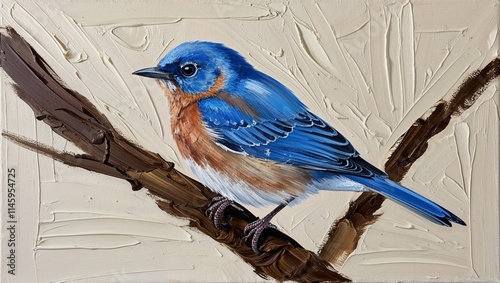 Bluebird Oil Painting. Brush Strokes Canvas Texture. photo