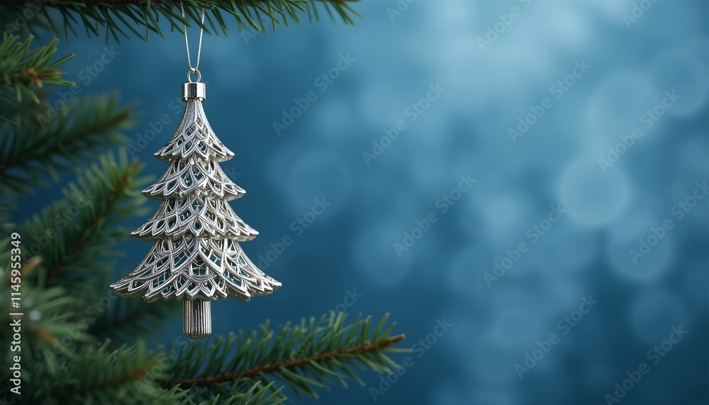 Silver Christmas Tree Ornament on Pine Branch Silver Christmas Tree Ornament on Pine Branch