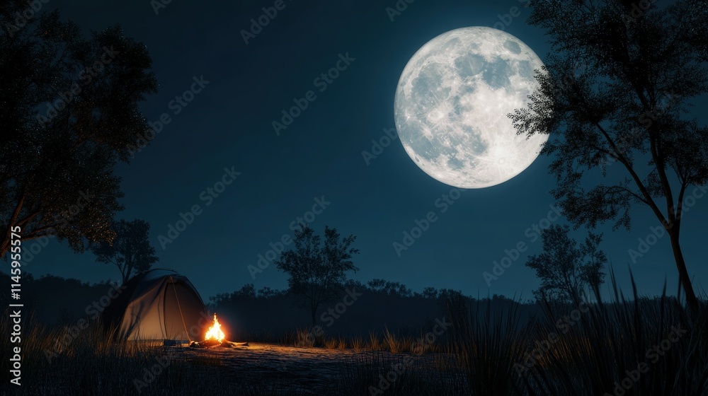 A serene full moon shining over a peaceful campsite, with a small fire glowing and silhouetted trees in the distance A serene full moon shining over a peaceful campsite, with a small fire glowing and silhouetted trees in the distance