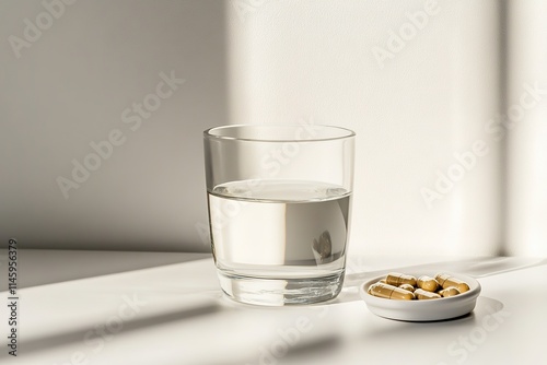 Glass of water with pills on white table in sunlight