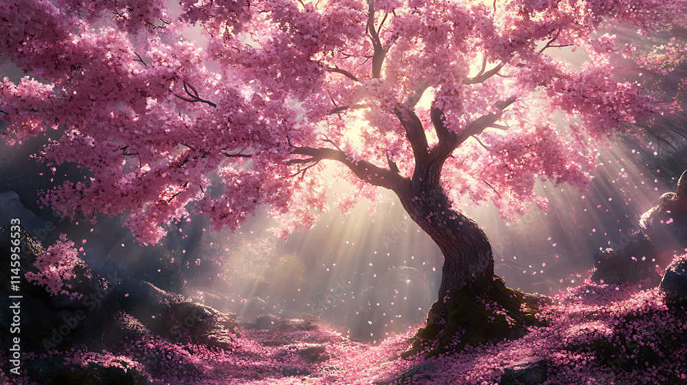 Enchanted Sakura Tree: A magical and ethereal scene of a majestic cherry blossom tree bathed in golden sunlight, its delicate pink petals falling like snow, creating an enchanting atmosphere. Enchanted Sakura Tree: A magical and ethereal scene of a majestic cherry blossom tree bathed in golden sunlight, its delicate pink petals falling like snow, creating an enchanting atmosphere.