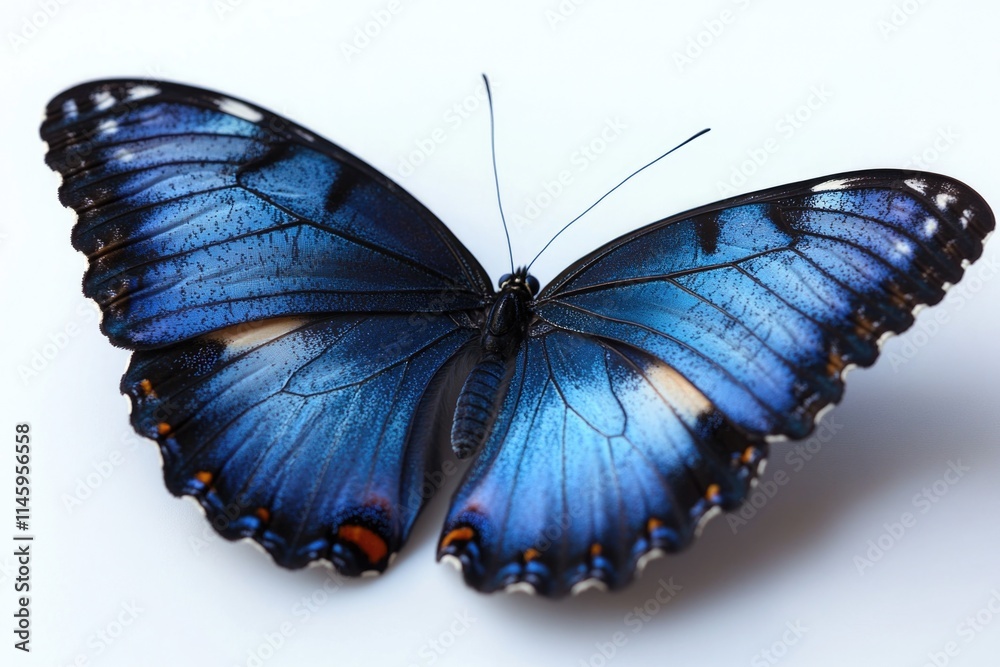 Fototapeta premium A blue butterfly sits on a white surface, its delicate wings and body visible in detail