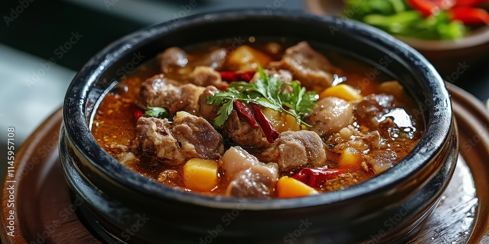 Homemade spicy meal featuring a rich pork and vegetable soup, crafted with pork bone broth, dried peppercorns, and chili pepper, delivering unique flavors and an exhilarating tongue numbing spiciness. Homemade spicy meal featuring a rich pork and vegetable soup, crafted with pork bone broth, dried peppercorns, and chili pepper, delivering unique flavors and an exhilarating tongue numbing spiciness.