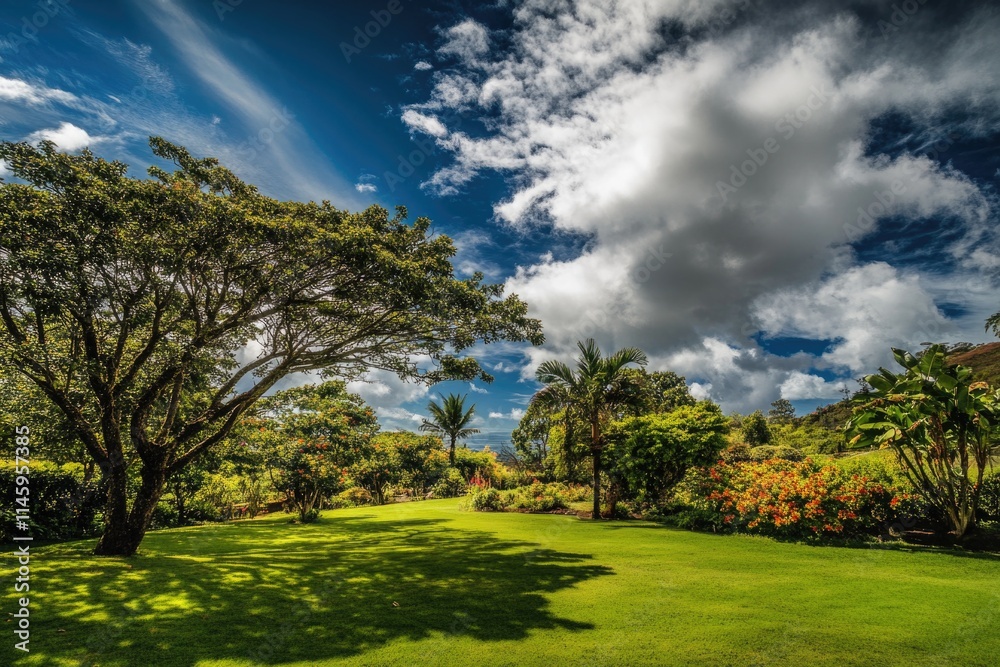 Fototapeta premium A serene landscape featuring a lush green field, surrounded by trees and bushes