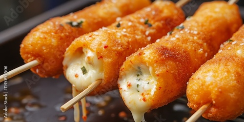 Korean street food featuring a delicious corn dog filled with mozzarella cheese. This image captures the essence of Korean street food with a focus on the cheesy corn dog delight. photo