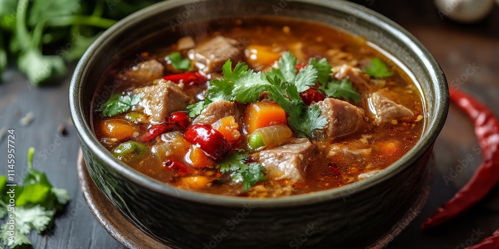 Homemade spicy meal featuring a rich pork and vegetable soup, crafted with pork bone broth, dried peppercorns, and chili pepper, delivering unique flavors and an exhilarating tongue numbing spiciness. Homemade spicy meal featuring a rich pork and vegetable soup, crafted with pork bone broth, dried peppercorns, and chili pepper, delivering unique flavors and an exhilarating tongue numbing spiciness.