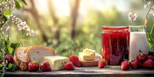 Strawberry jam alongside a glass of milk, bread, and butter, displayed on a wooden table, creates a delightful scene with a nature inspired blur background enhancing the strawberry jam s appeal. photo