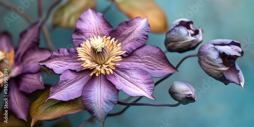 Italian leather flower, also known as Clematis viticella, showcases stunning blooms and buds. This captivating Italian leather flower exemplifies beauty in nature with its vibrant flowers and delicate photo