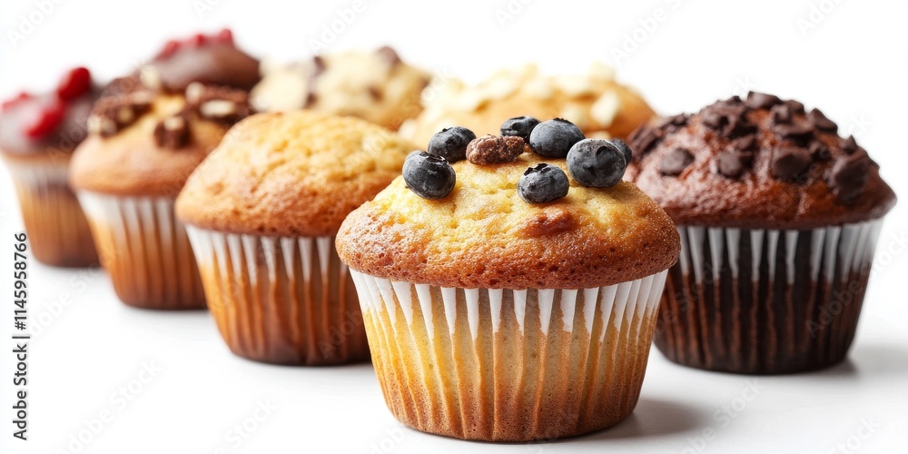 Delicious homemade muffins displayed in a studio setting, isolated on a clean white background. These tasty muffins are perfect for showcasing the delightful appeal of baked goods. Delicious homemade muffins displayed in a studio setting, isolated on a clean white background. These tasty muffins are perfect for showcasing the delightful appeal of baked goods.
