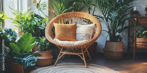 Vertical image showcasing a cozy living room featuring a boho ethnic interior design, complete with a wicker chair, decorative pillows, and cushions, surrounded by lush green plants in flower pots. photo