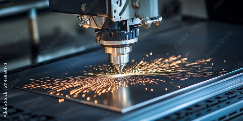 Close up view of a fiber laser cutting machine performing precise cuts on a metal plate. This advanced fiber laser cutting machine is essential in the high tech sheet metal manufacturing process.