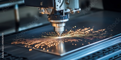 Obraz na płótnie Close up view of a fiber laser cutting machine performing precise cuts on a metal plate. This advanced fiber laser cutting machine is essential in the high tech sheet metal manufacturing process. w salonie