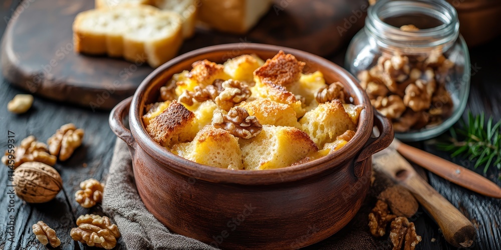 Earthenware pot featuring delicious bread and butter pudding alongside a spilled glass jar filled with walnuts, creating a cozy and appealing dessert scene with bread and butter pudding. Earthenware pot featuring delicious bread and butter pudding alongside a spilled glass jar filled with walnuts, creating a cozy and appealing dessert scene with bread and butter pudding.